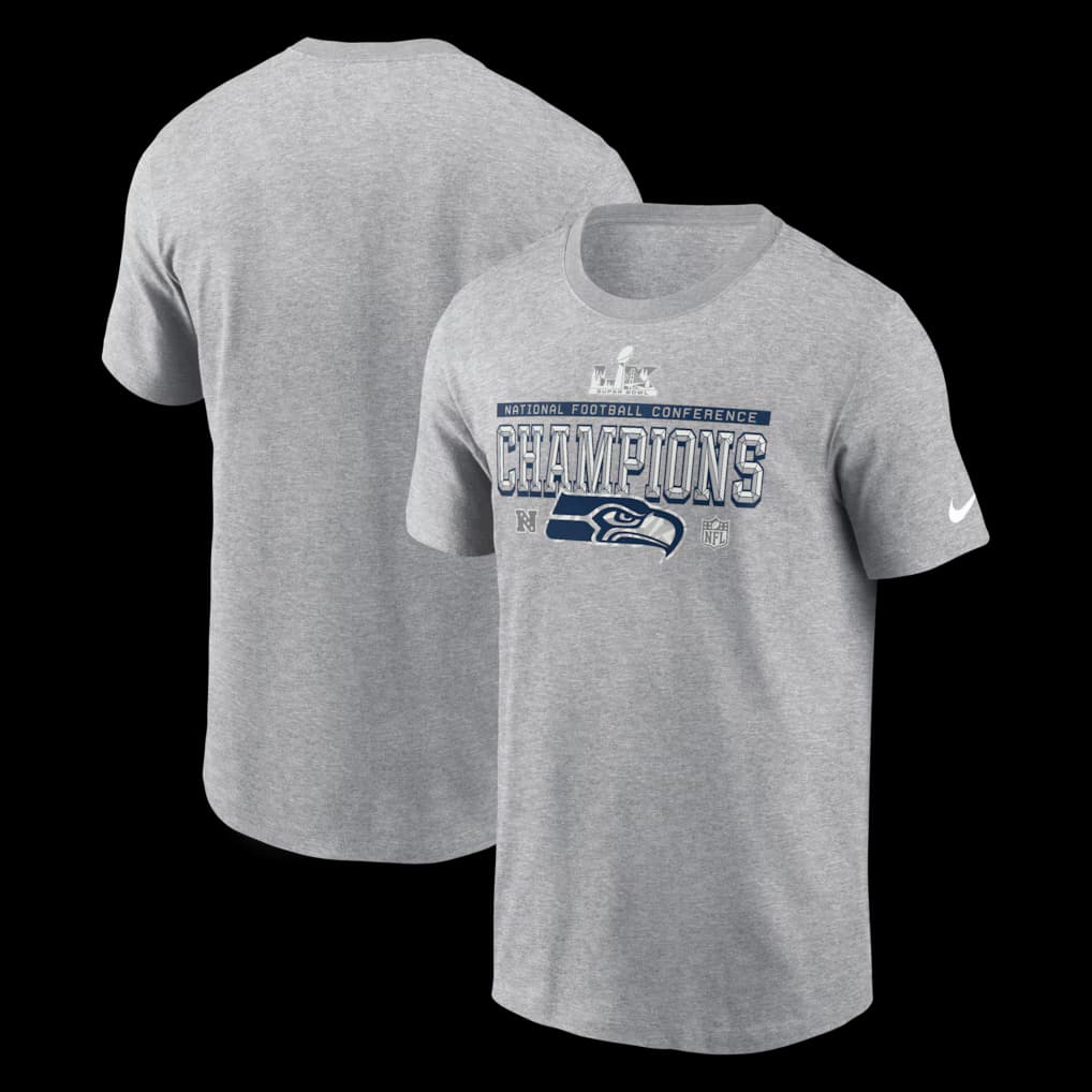 Men’s Nike Heather Gray Seattle Seahawks 2025 NFC Champions Locker Room Trophy Collection T-Shirt